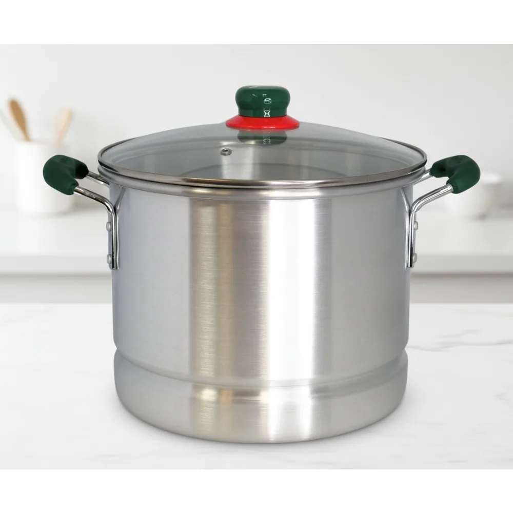 

Large 12Qt Aluminum Tamale Steamer Pot with Mexican Map Knob - Green Handles & Glass Lid for Hispanic Recipes
