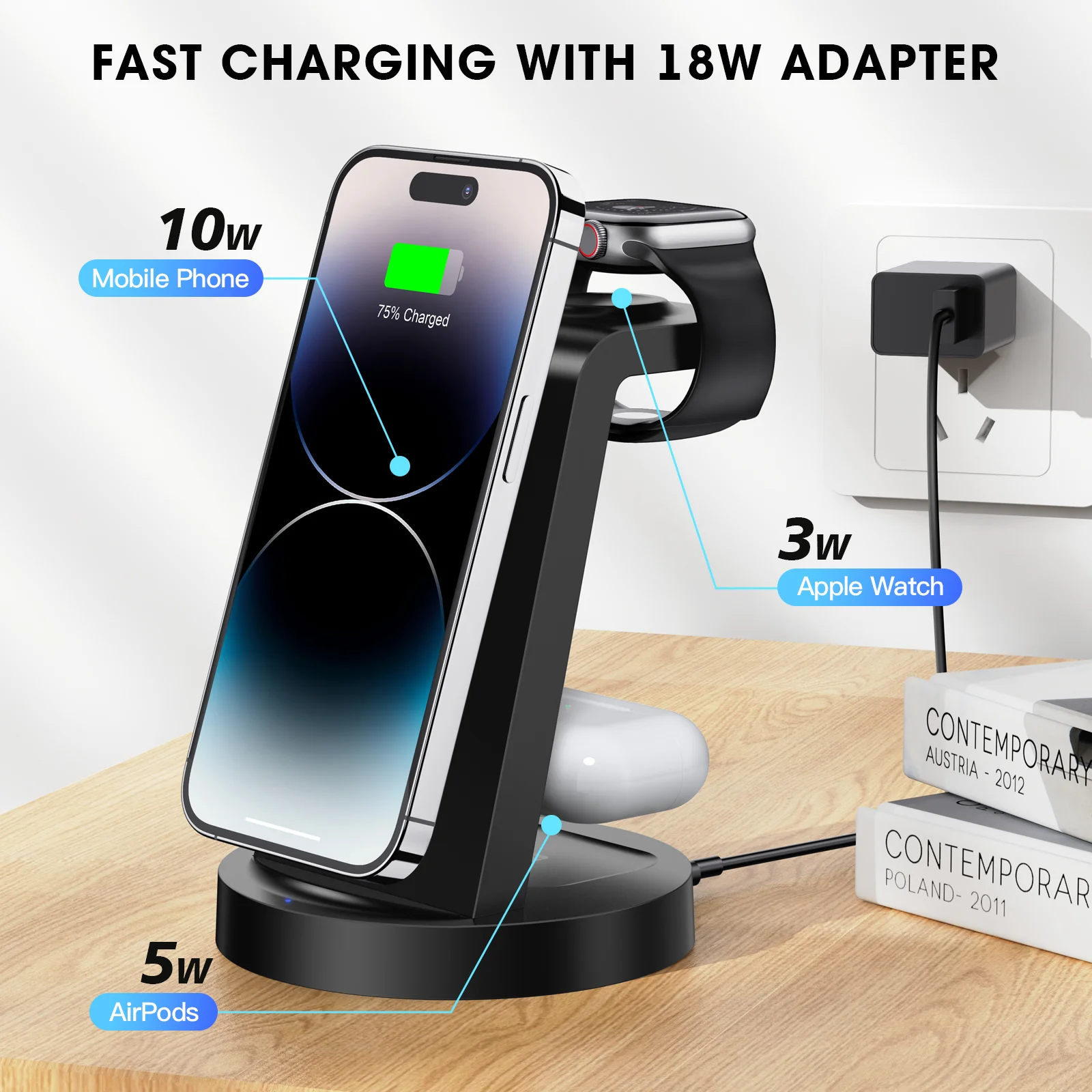 محطة شحن 3 في 1 لهاتف iPhone، محطة شحن لاسلكية لهاتف iPhone 15 14 13 12 11 X Pro Max وApple Watch وAirPods