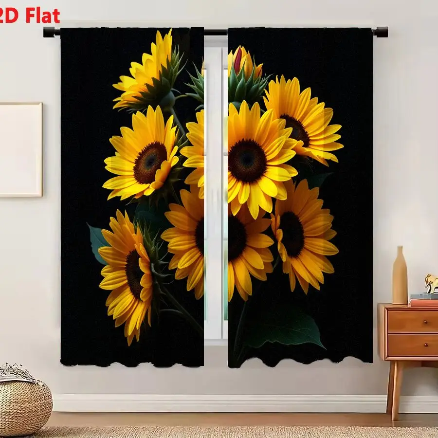 2Pcs Curtains 2D Flat Sunflowers Bouquet With 7 Sunflowers Varying Bloom Stages Bright Yellow Petals Dark Brown Central Disks Gr