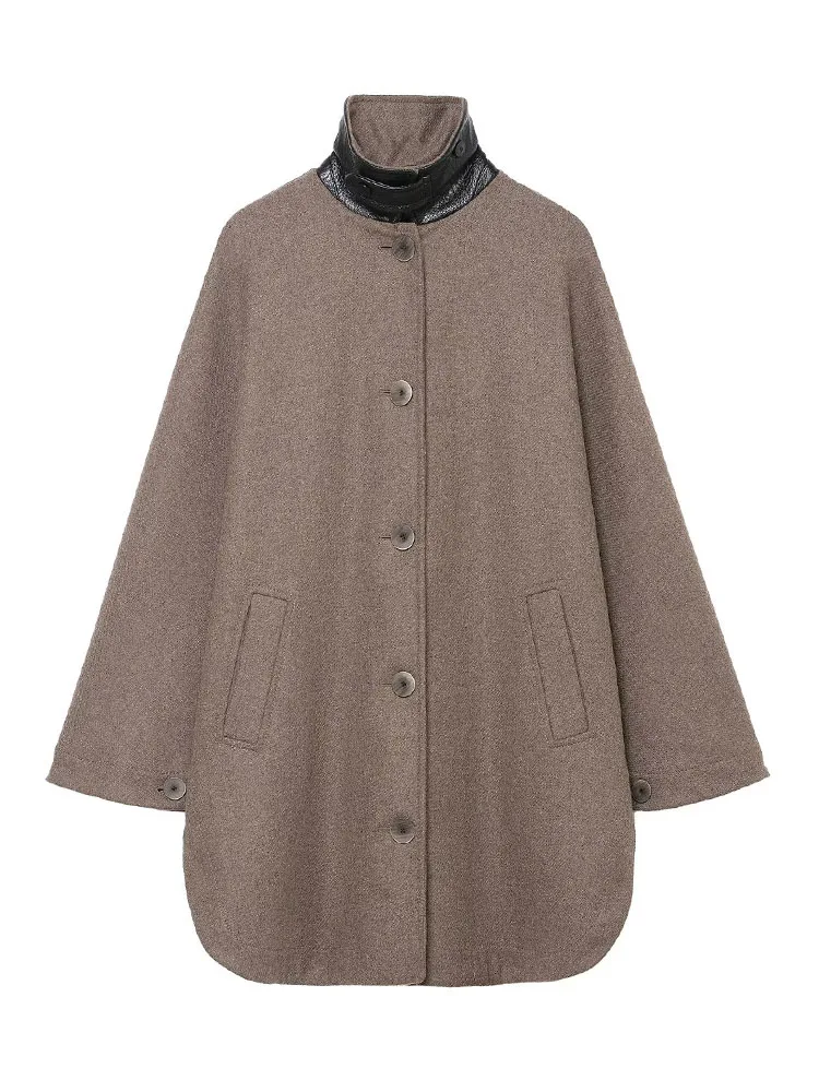 

HH Women Fashion Versatile Wool Blend Laminated Pocket Decorated Single-Breasted Jacket Female Casual Contrast Color Coat Mujer