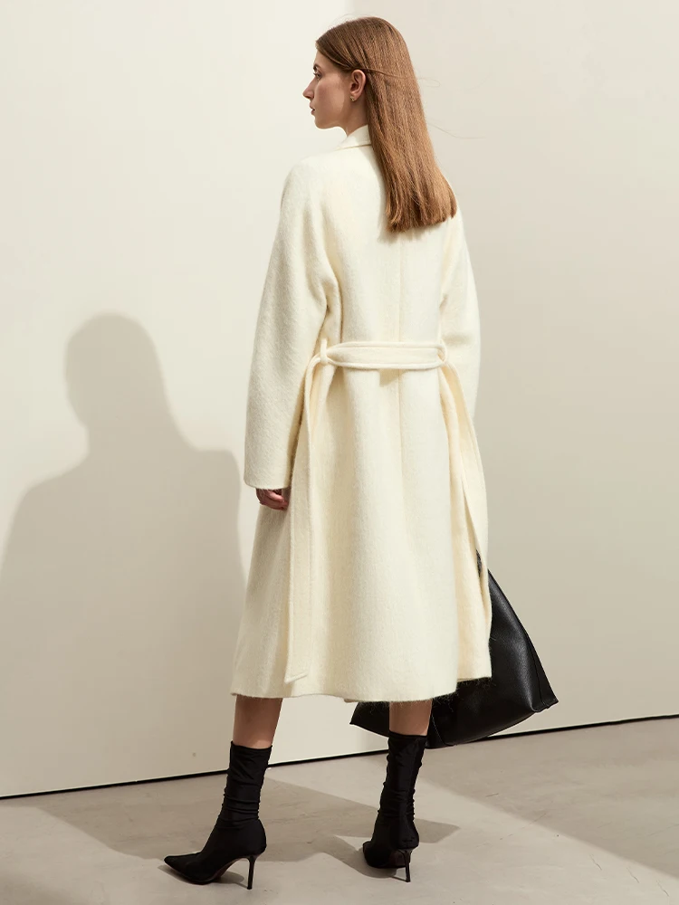AMII Women's Jacket Coat 2026 Winter New Turn-Down Collar Wool Mohair Double-breasted Woolen Coat Women Belt Long Coat 12344400
