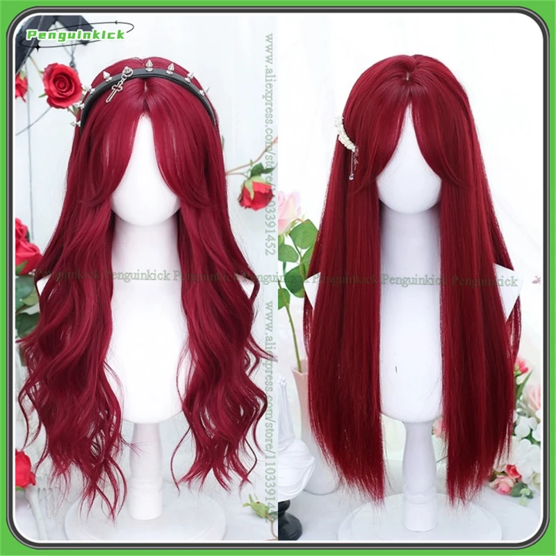 Long Straight Wavy Synthetic Wig Red Curly Princess Lolita Party Chic Girls Heat Resistant Hair Scalp Middle Part Bangs