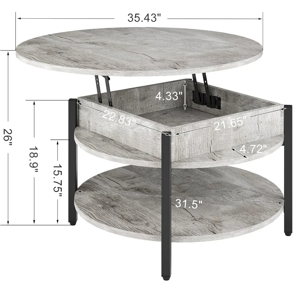 Mesa de centro redonda com elevador para sala de estar, mesa de centro redonda de 35,43 '' com armazenamento e compartimento oculto, fazenda grande de 2 camadas