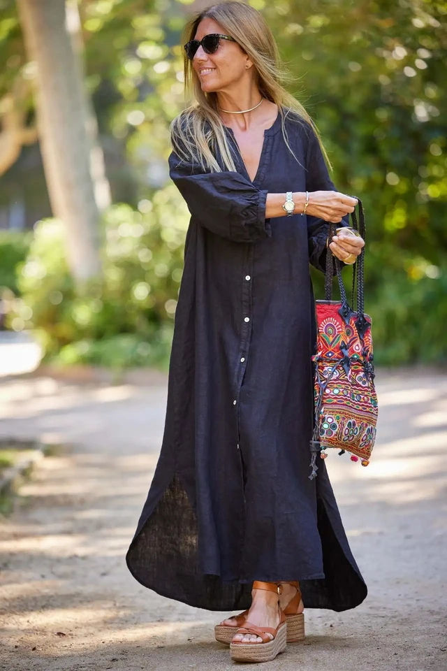 Retro Women Loose Blouse Cotton And Linen Dress Summer Female Beach Sand Three Quarter Sleeve Button