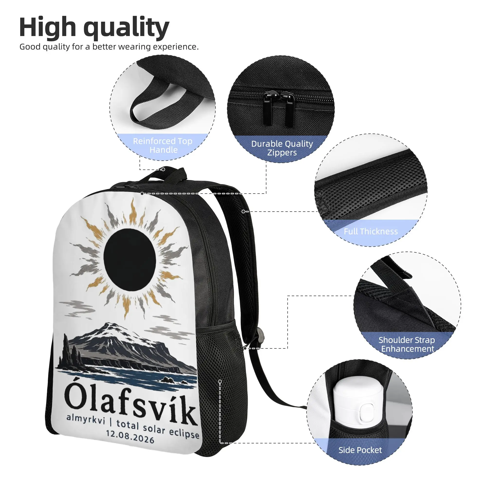 Olafsvik Total Solar Eclipse 2026 Iceland Art Cool Backpack Outdoor High School  Daypack for Men Women College Canvas Bags