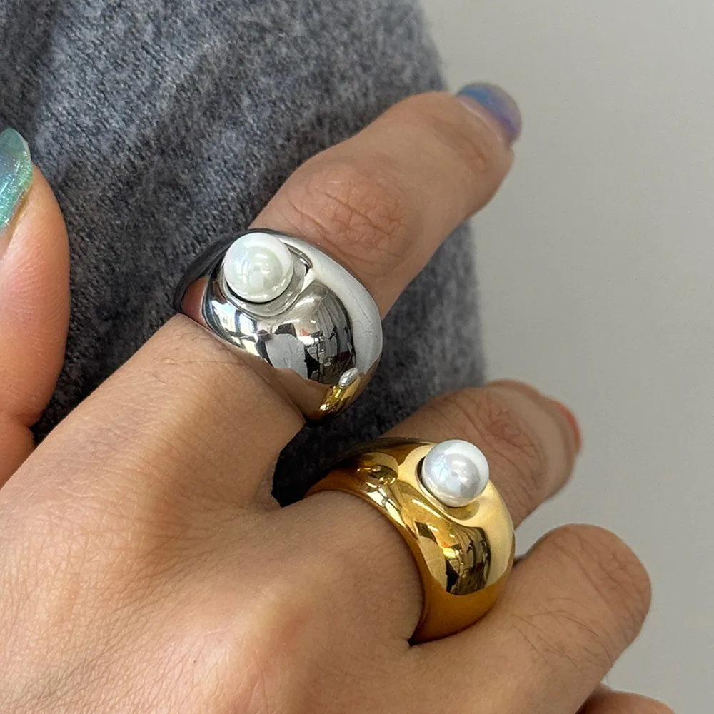

Personality Pearl Ring For Women Vintage Stainless Steel 18K Gold Rings Light Luxury Jewelry Gifts