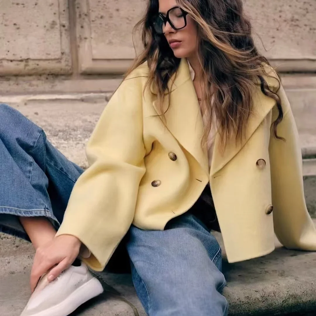 

Модный двубортный свободный шерстяной пальто Ele Long Sve с отложным воротником, классический однотонный осенне-зимний женский J...