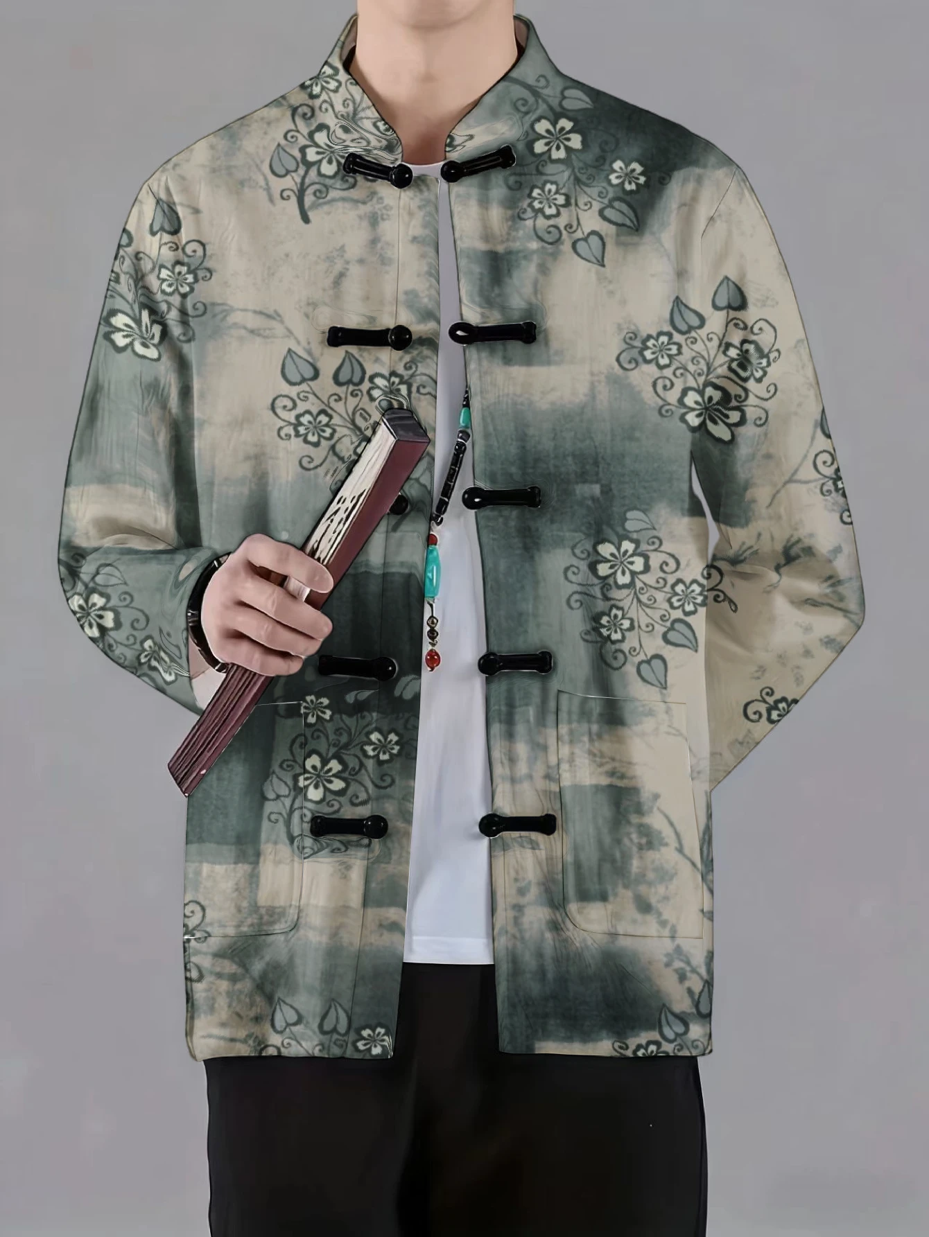 Men Mandarin Collar Frog Button Jacket Paisley Floral Leaf Ink Wash Landscape Print Traditional Outerwear