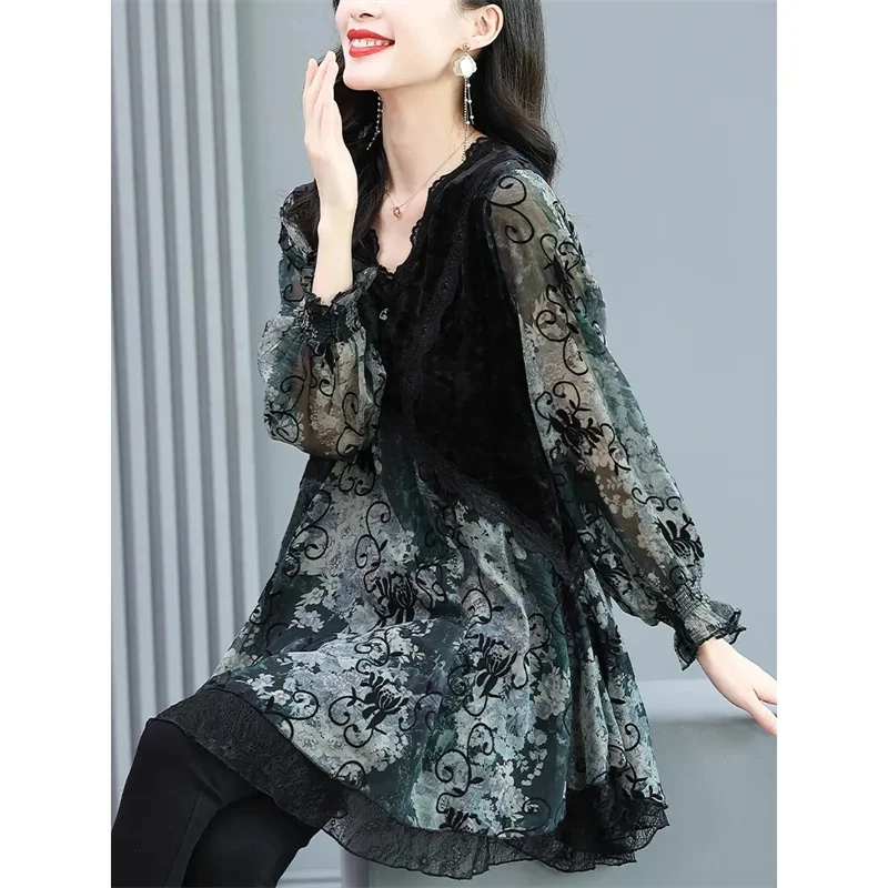 Chiffon Female 2023 Spring Clothes Loose Velvet Splicing Foreign Style V-neck top High-end Fashionable Temperament Small Shirt X