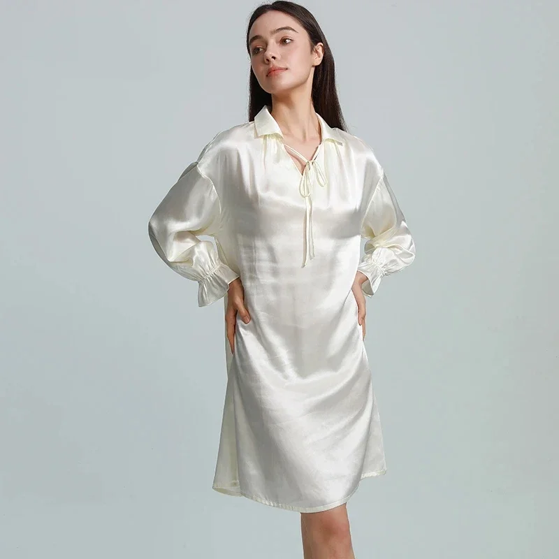 

19MM 100% Mulberry Silk Shirt Nightdress Loose Lapel Chemise Homewear Long-sleeved Nightgown Pajama Dress Loungewear Sleepwear