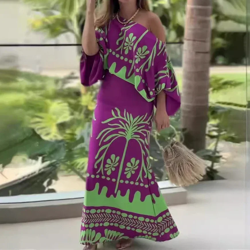 

Two Piece Sets Women Dress Sets Print Elegant Skirt Set Oblique Neck Maxi Puff Sleeve Tops Slim Summer Straight Long Skirts Sexy
