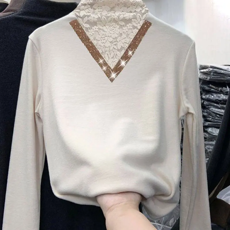 Fashion Chic Half High Collar Solid Color Lace Spliced Fleece Tops Women\'s 2022 New Commute Slim All-match Long Sleeve Pullovers