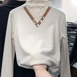 Fashion Chic Half High Collar Solid Color Lace Spliced Fleece Tops Women's 2022 New Commute Slim All-match Long Sleeve Pullovers