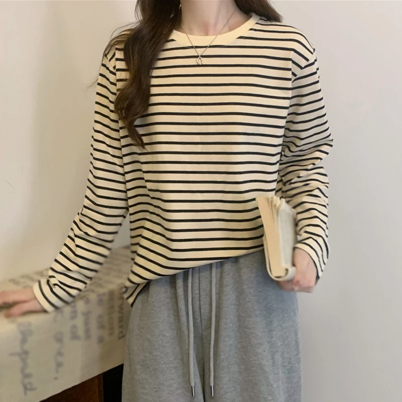 Women Striped Tshirt Long Sleeve O-Neck T-Shirts Korean Casual Oversized Femme Tops