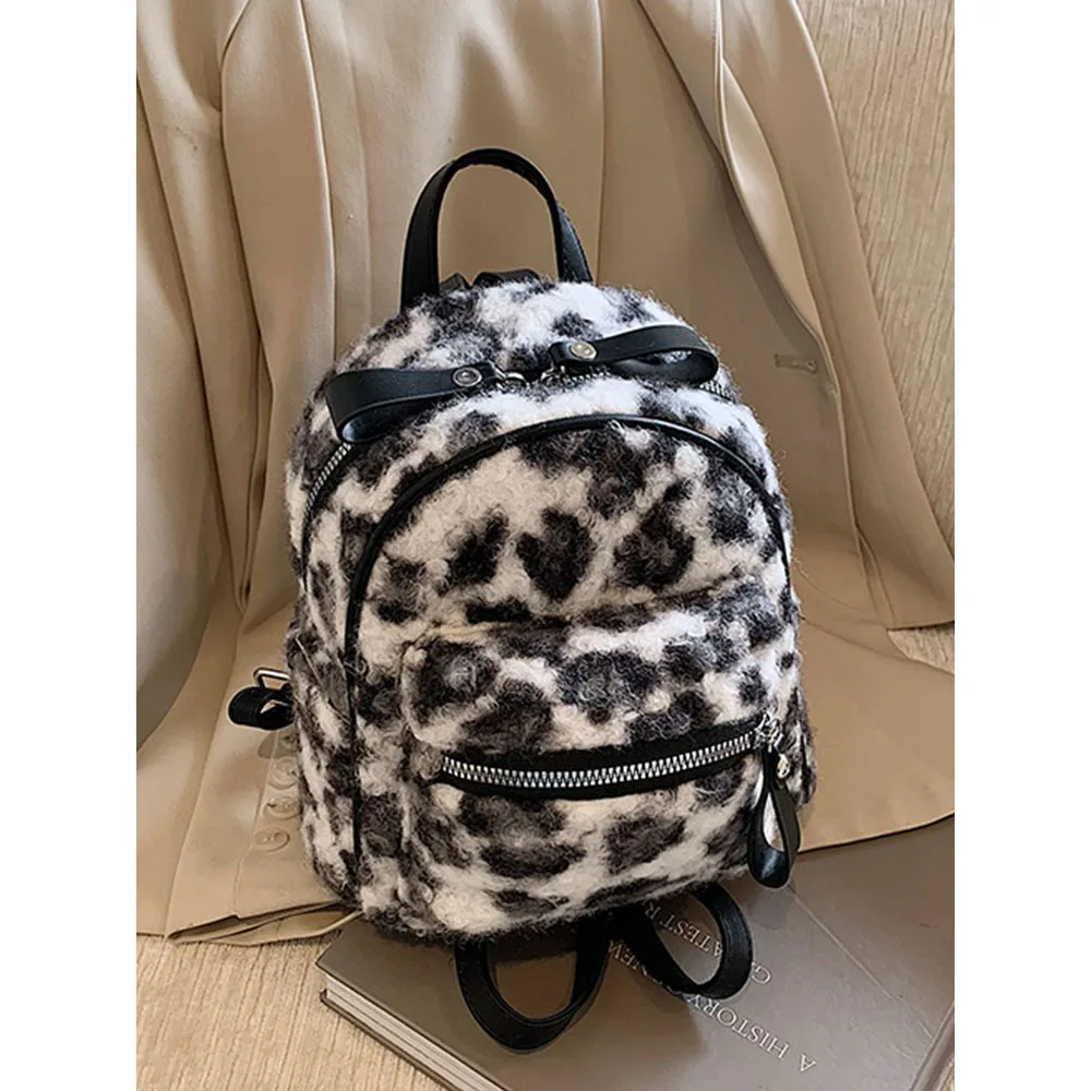 

Women Retro Leopard Velvet Backpacks Soft Large Capacity Casual Shoulder Bag Female All-match Leisure Shopping Small Packs