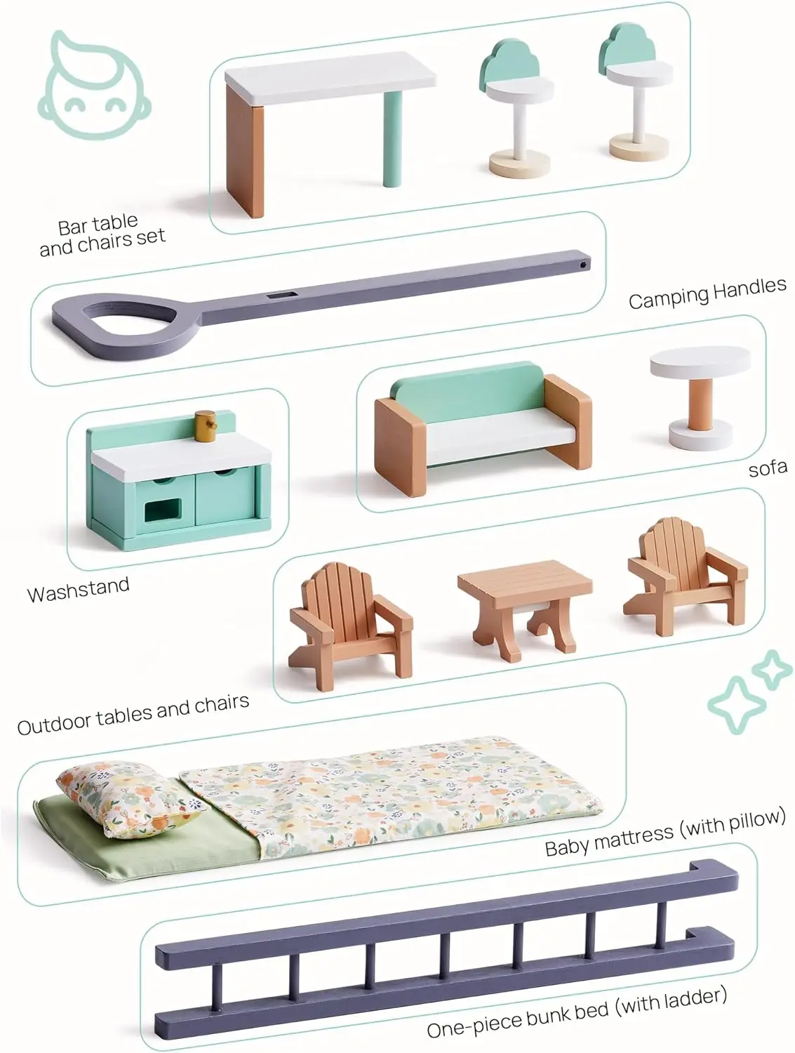 Robud Puppenhaus aus Holz mit Rädern, Rollenspiel-Wohnmobil-Set, Puppenhaus, beweglich mit 10 + Möbelzubehör, Geschenk für Kinder