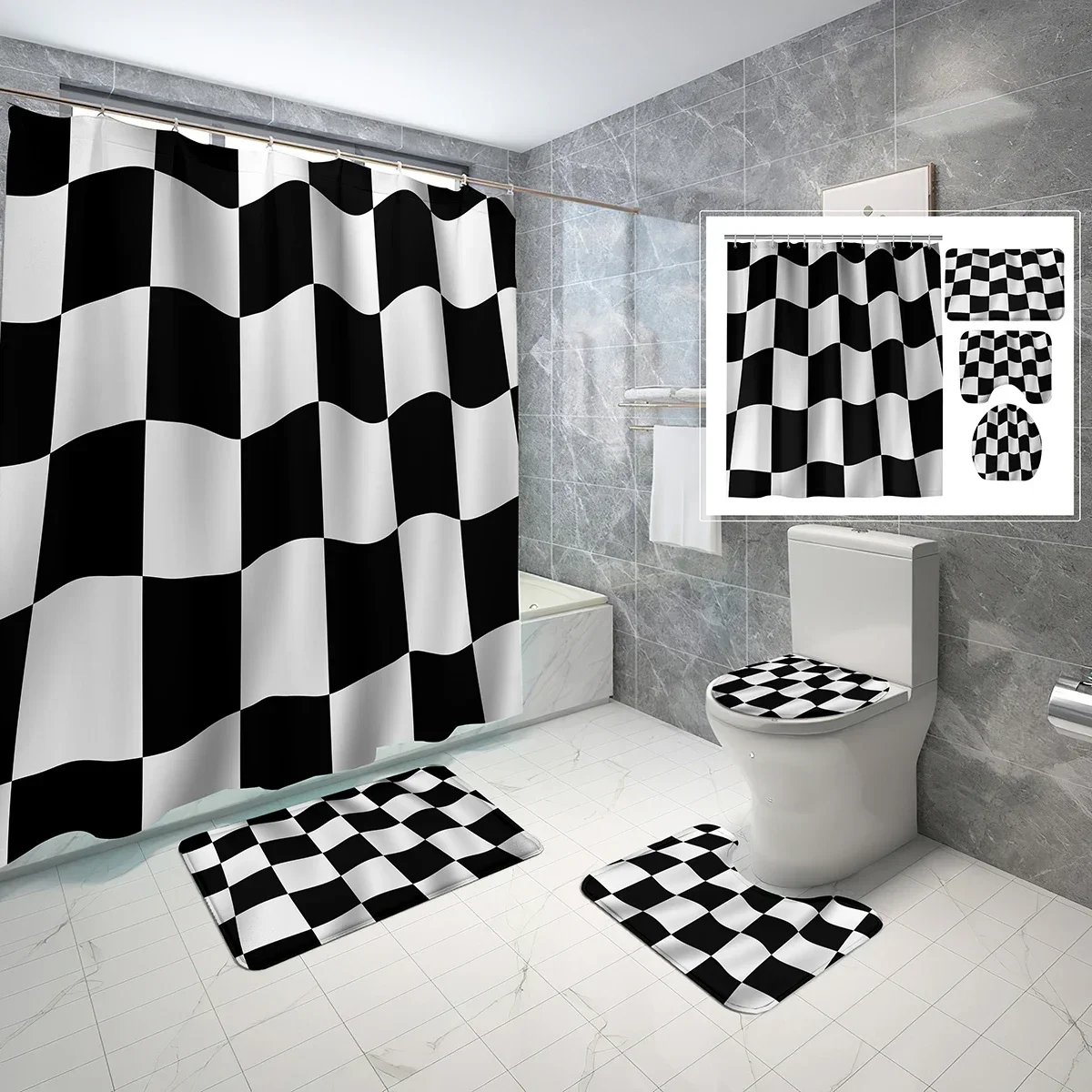 

4-комплекты занавесок для душа в шахматном порядке с нескользящим ковриком для ванной, крышкой для унитаза и черно-белым классическим набором занавесок для душа