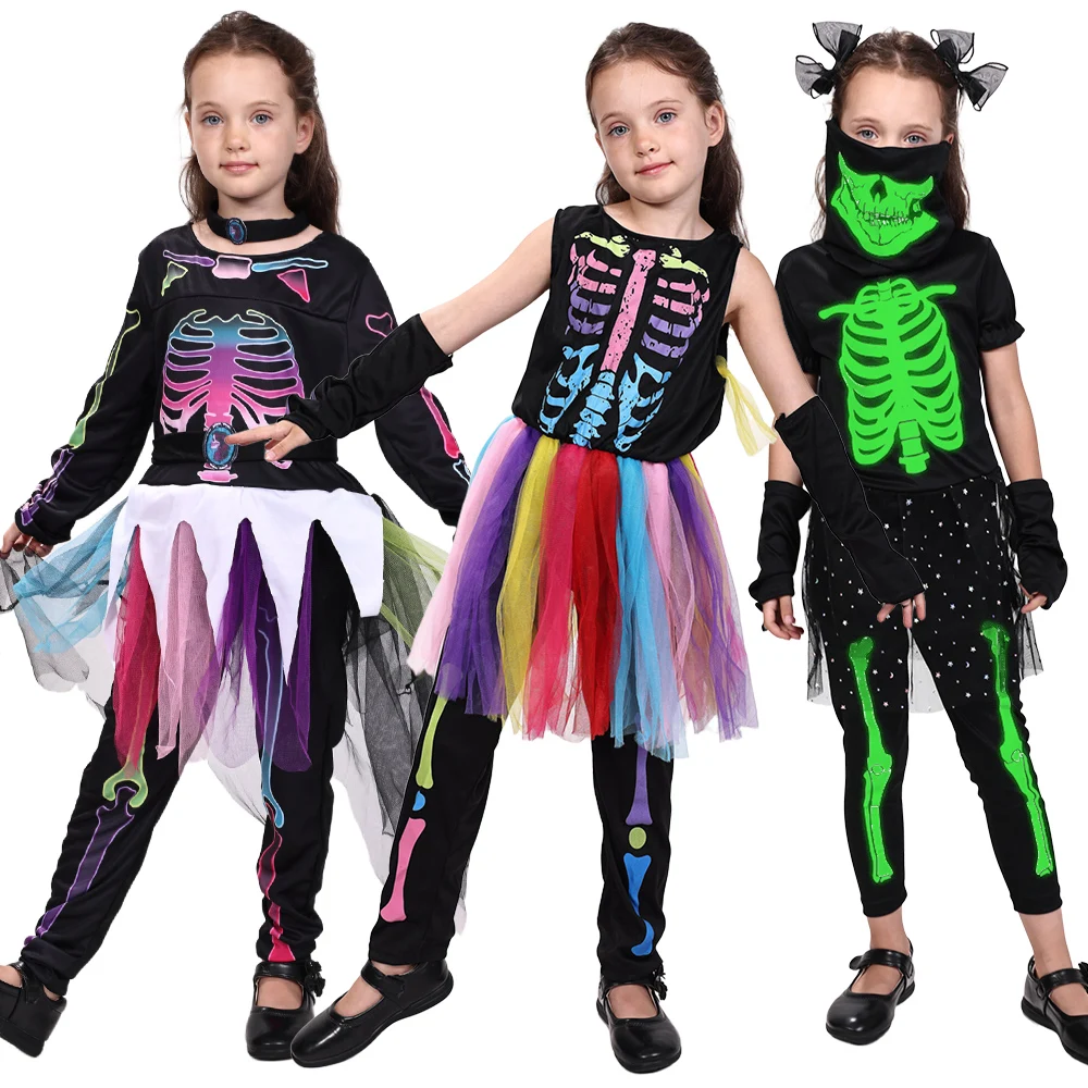 

Children's Halloween Skeleton Costume Set Girls' Cosplay Costume Ghost Skeleton Horror Costume Party