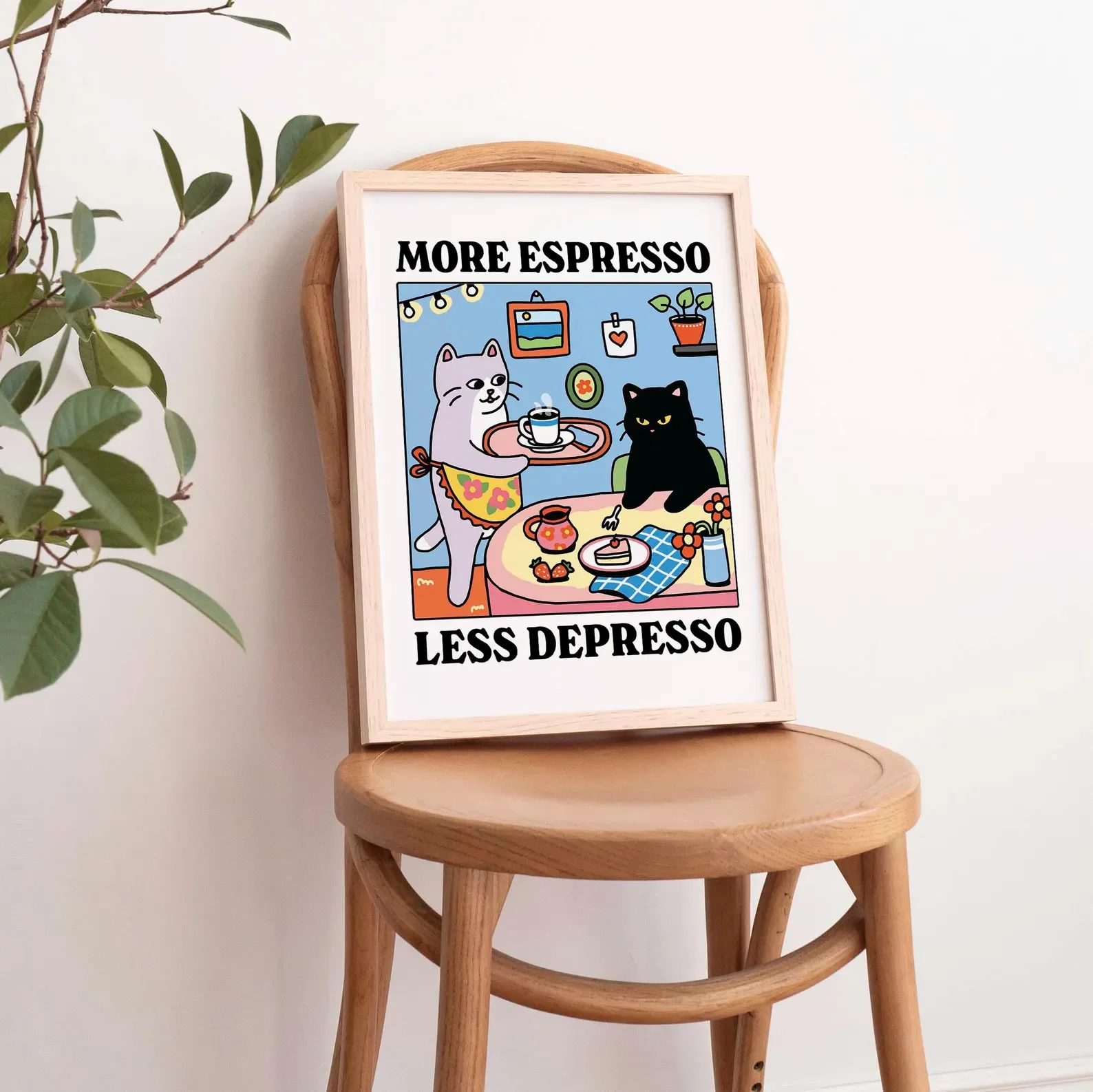 More Espresso Less Depresso Black Cat Wall Print, Coffee Cat Poster, Kitchen Art, Handmade Cat Poster, Coffee Bar, Unique image 3