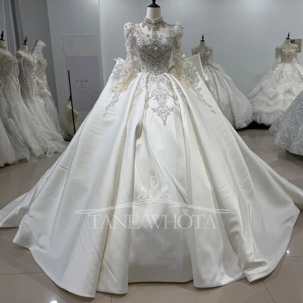 

Customizable Square Collar Wedding Dress Long Sleeves Bow Beaded Sequined Design Lace-Up Back Bridal Gown
