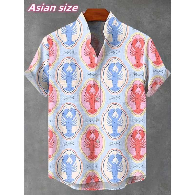 Fun Lobster Graphic Hawaiian Shirt For Men Colorful Stripes 3D Print Short Sleeve Summer Loose Street Aloha Shirts Lapel Blouse