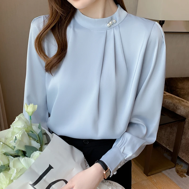 Autumn Elegant Beading Women Solid Blouse 2023 New Chiffon Long Sleeve Round Neck Korean Casual Loose Office Shirts Tops Female