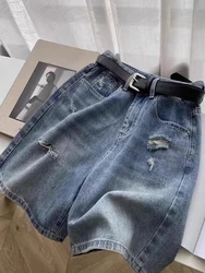 Vintage Hole Denim Shorts Women Summer New Loose High Waist Wide Leg Shorts Plus Size Casual Female Short Pants Streetwear