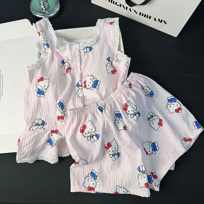 Hello Kitty Women's Summer Cloud Cotton Pajama Set with Built-in Bra Cami Shorts Lace Trim Sweet Cute Loungewear - view 5