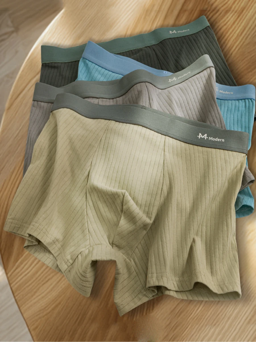 4 Pieces Men's Cotton Boxer Briefs, Solid Knit Morandi Color Skin-Friendly Comfort Underwear