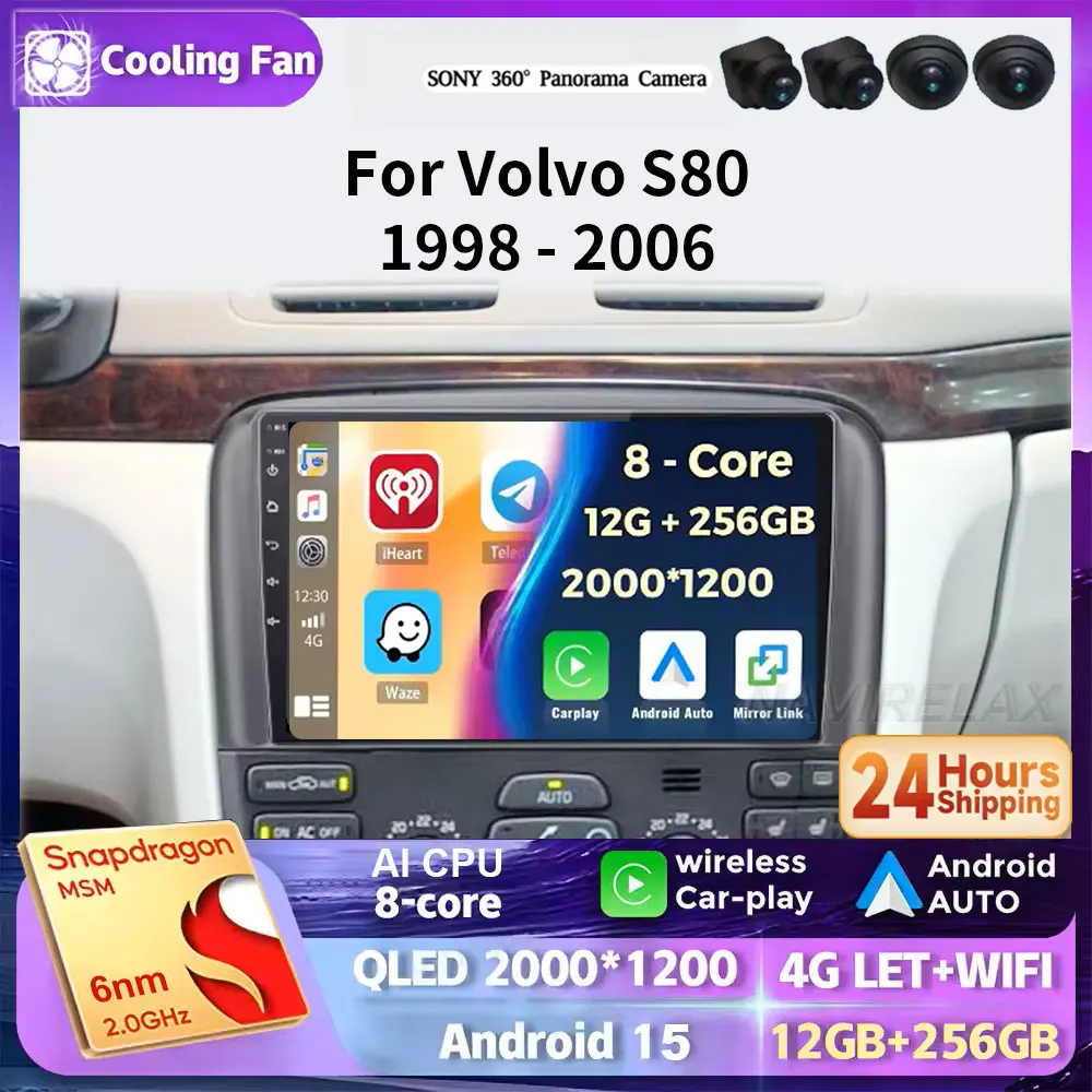 أندرويد 15 راديو السيارة لفولفو S80 1998 1999 2000 2001 2002 2003 2004 2005 2006 الوسائط المتعددة الملاحة لاعب ستيريو carplay لتحديد المواقع #1