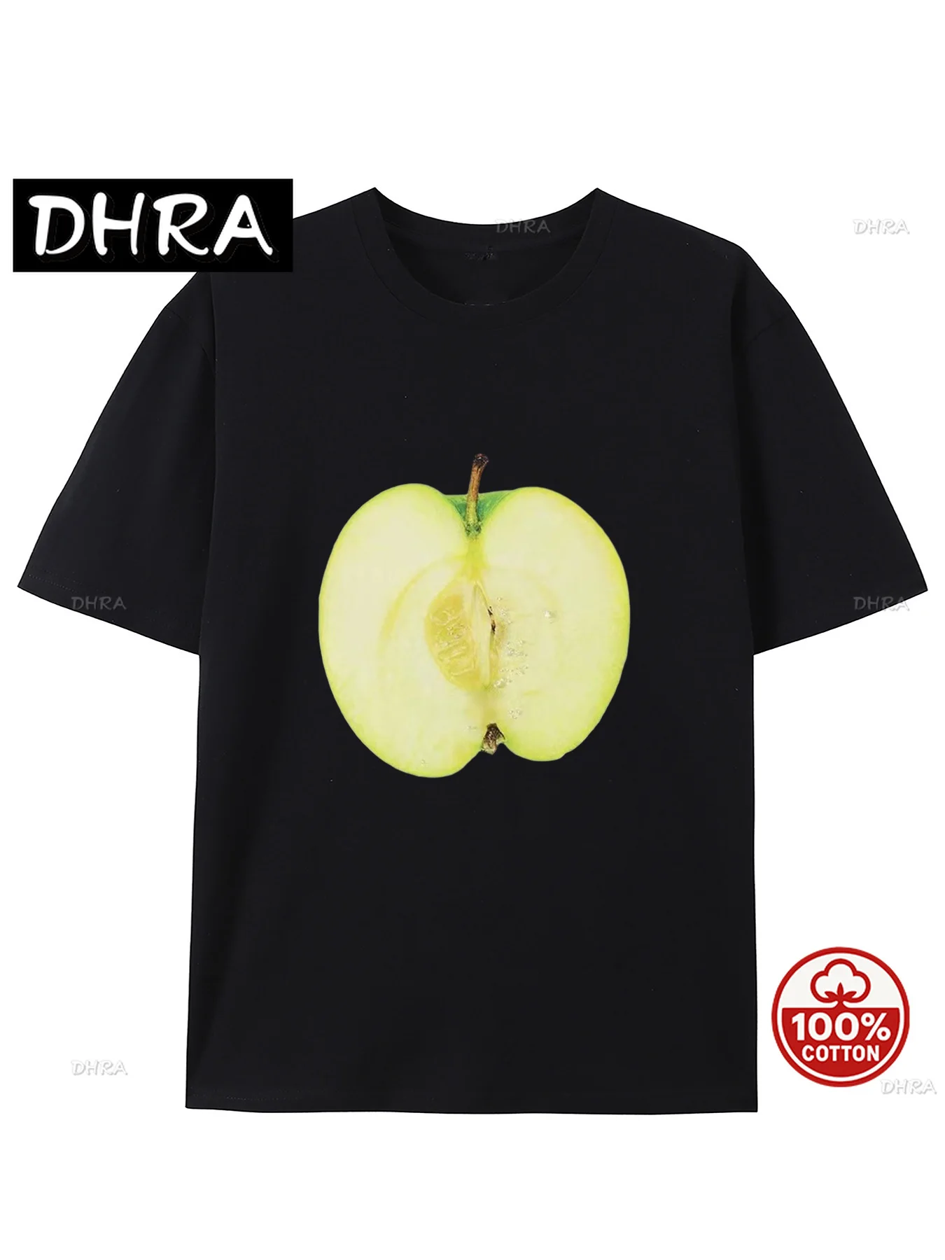 Coma más frutas, camiseta con cuello redondo y estampado de manzana verde, camisa de manga corta de algodón puro a la moda de verano, top informal de estilo diario