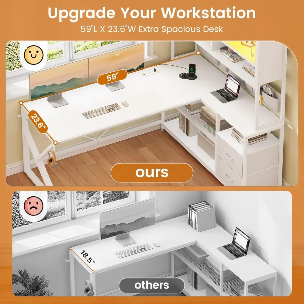 Meja gaming berbentuk L, meja komputer untuk kantor rumah dengan 2 laci dan rak buku, meja sudut gaming berbentuk L dengan lampu LED