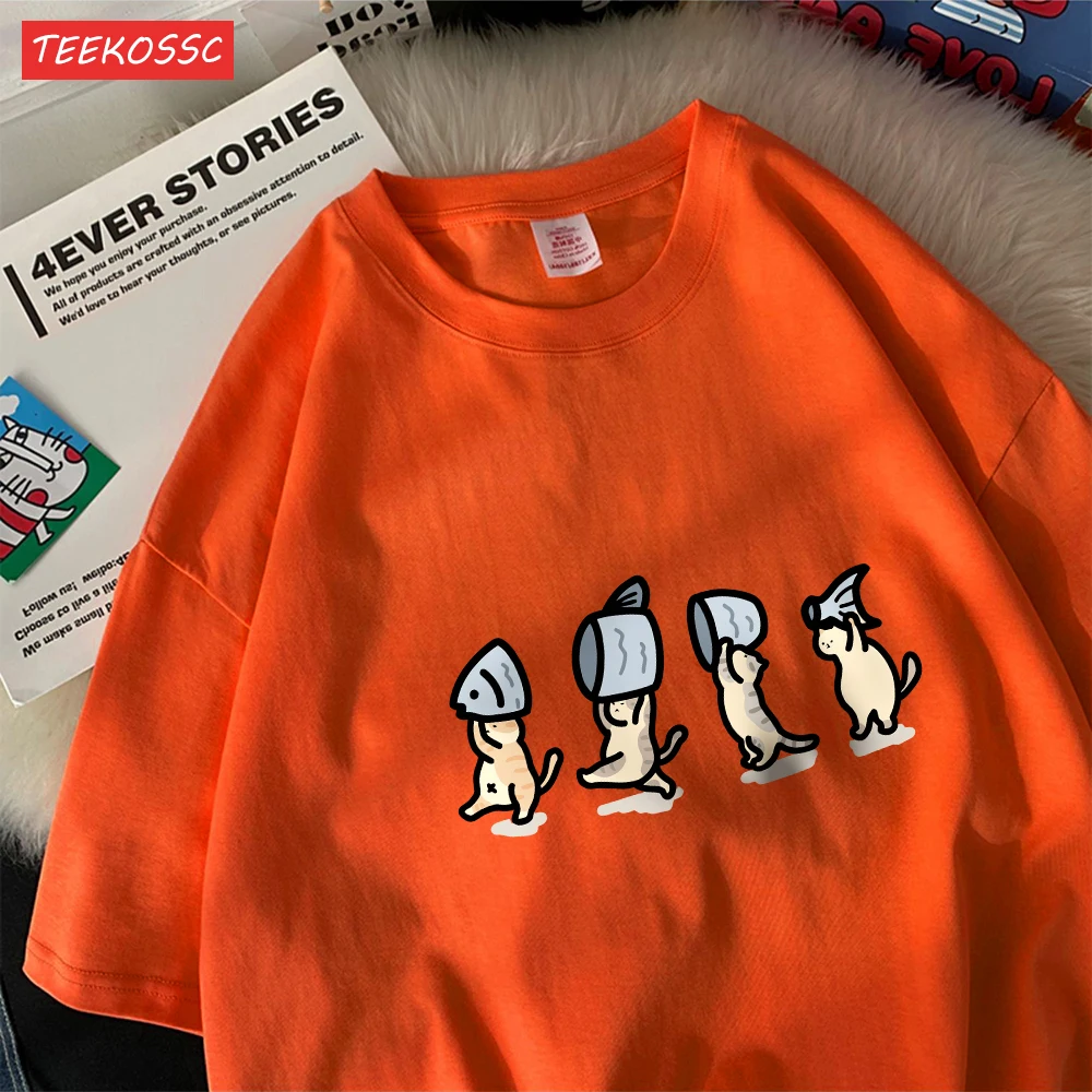 Vier Kleine Katzen Halten Fishcotton Frauen T-Shirts Cartoons Drucke T Shirts Weiche Oansatz Lose Kurzarm Tops Sommer Kleidung – Detail 24