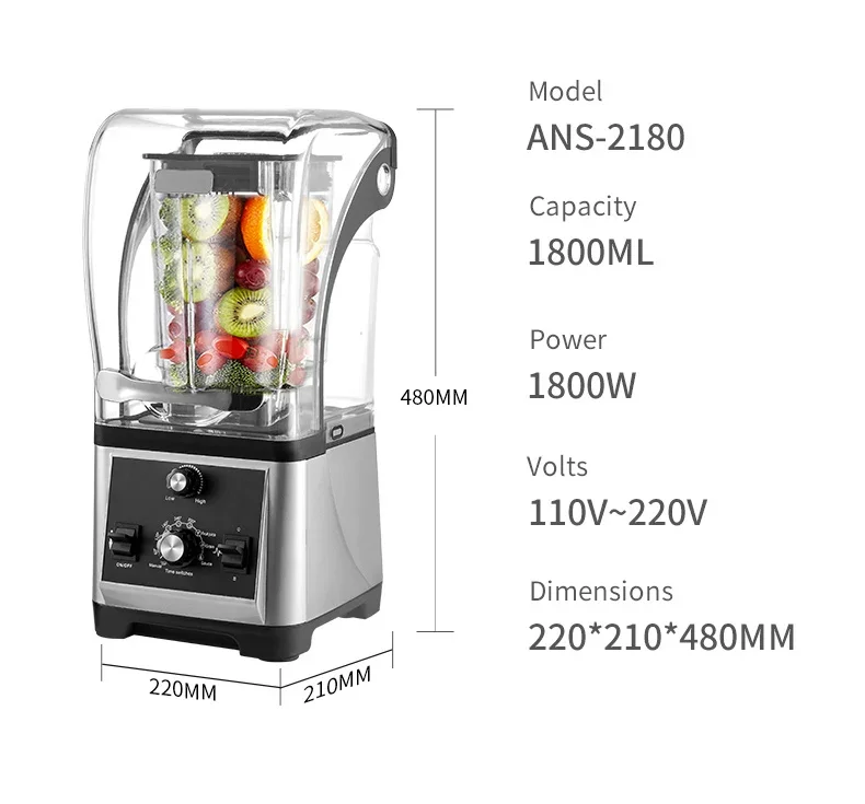 Sound Proof Blender 2200W 1.8L Commercial Fruit Juice Smoothie Maker With Quiet Sound Enclosure For Puree