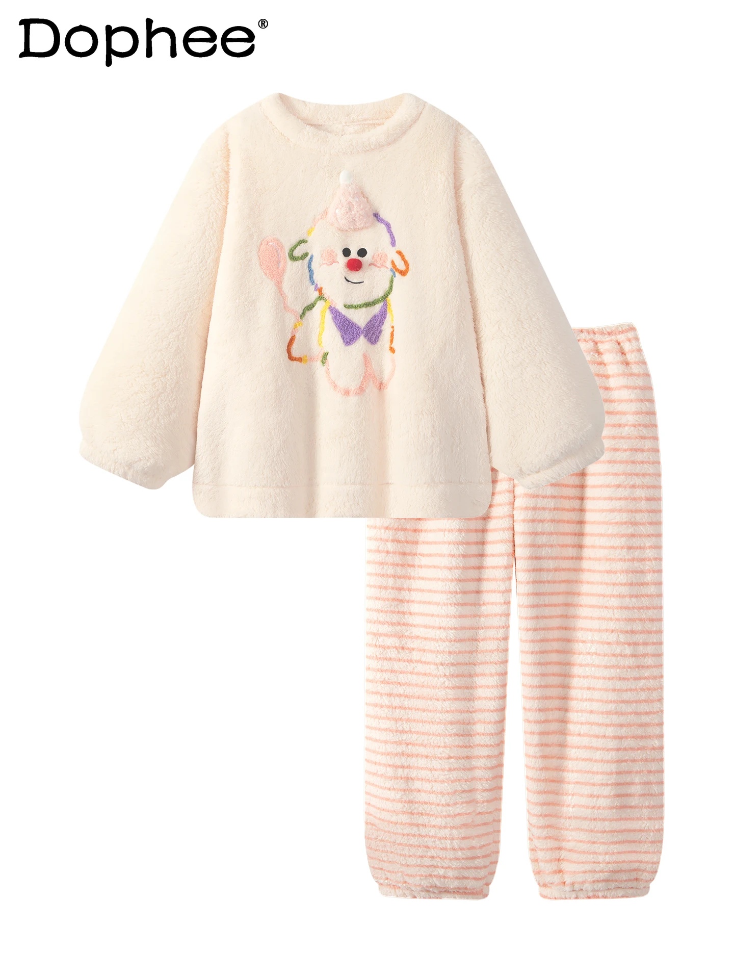 

Autumn Winter 2025 New Soft Cute Cartoon Round Neck Coral Fleece Pajamas Thickened Fleece Homewear for Women