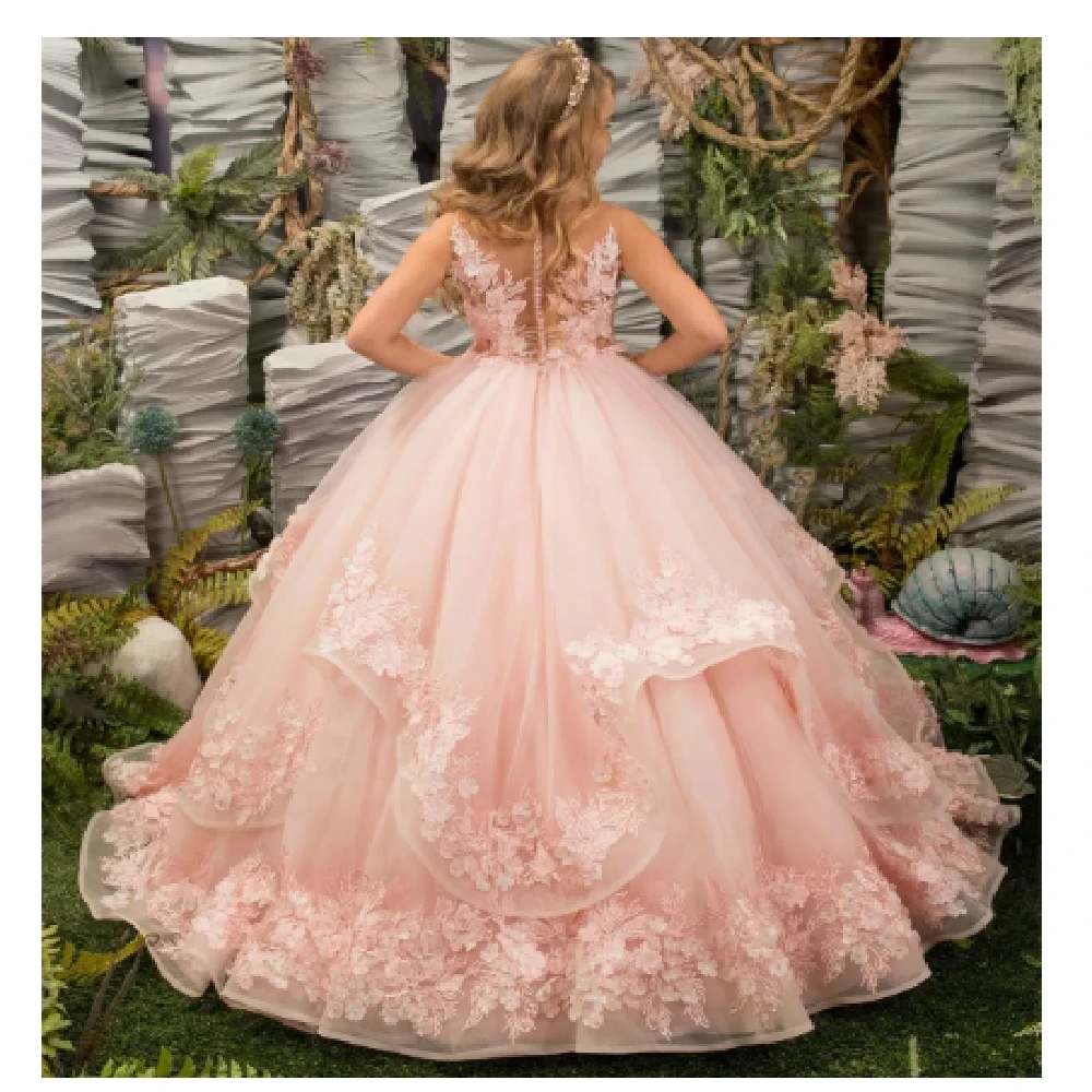 Vestido de flores rosa para niña, vestido de tul de encaje con volantes, bordado elegante, Princesa, comunión, fiesta de cumpleaños, vestido de baile, ropa de desfile de belleza