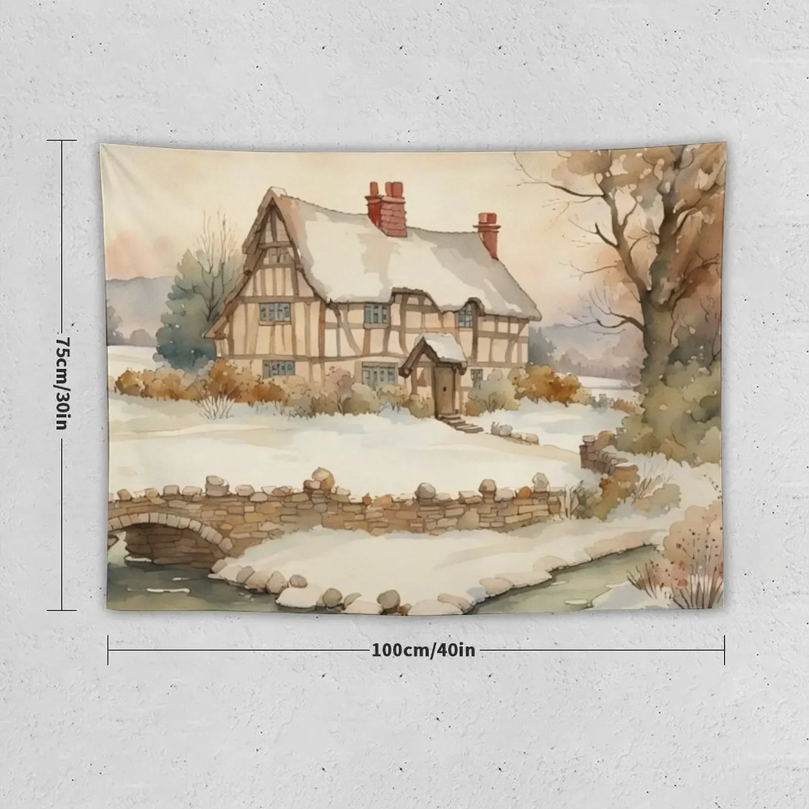 Traditional Old English Medieval Cottage in Winter Watercolor Tapestry Decoration Wall Tapestry