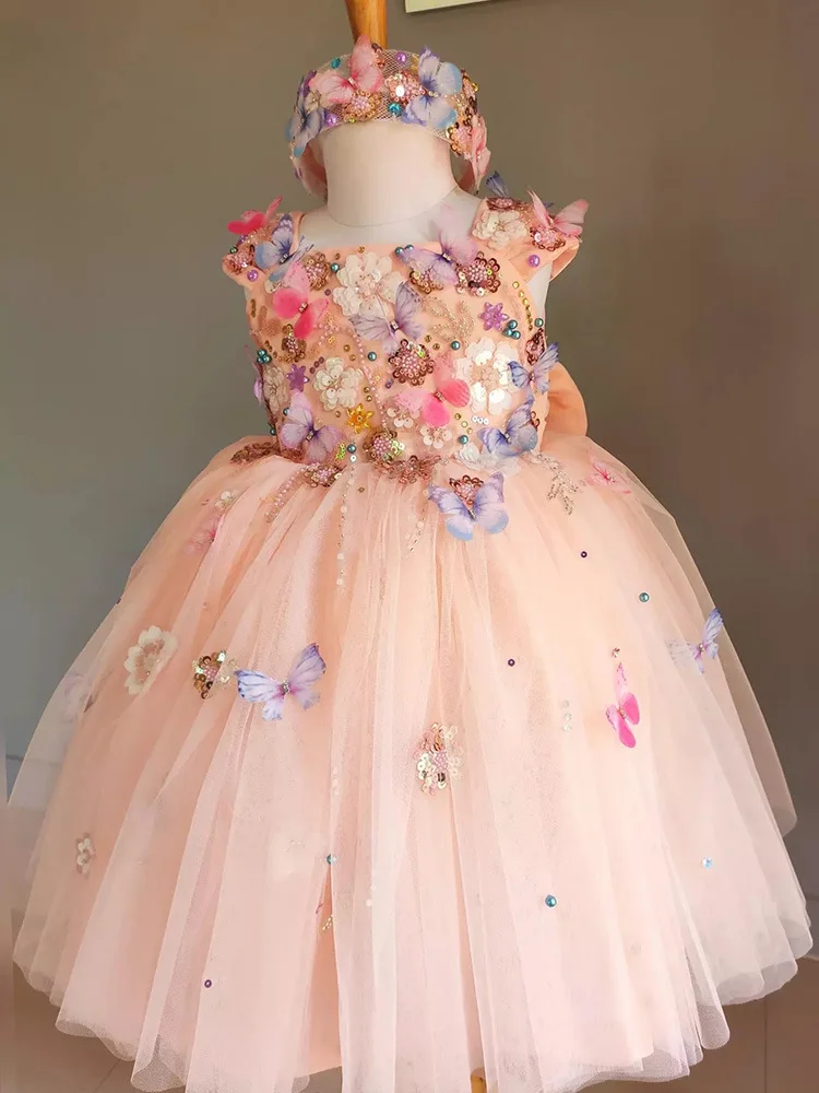 Lussuose ragazze principessa fiore farfalla perla Tulle fata vestito bambini abito da sposa bambino neonato festa di compleanno abiti per bambini