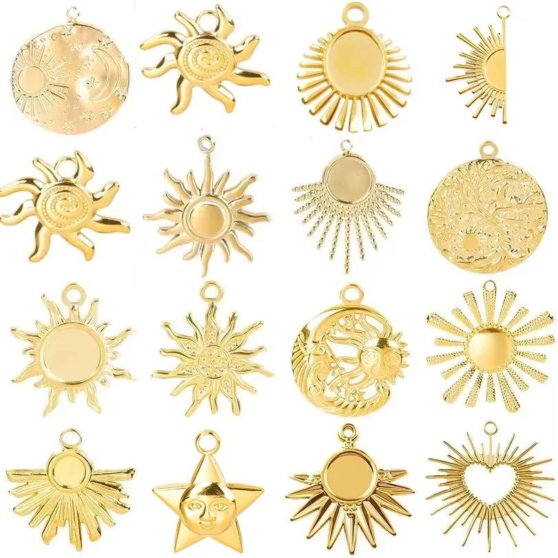 10PCS Golden Sun Charms Pendants Stainless Steel Gold Plated Sun Shaped Accessories Enamel Settings for Necklace Jewelry Making