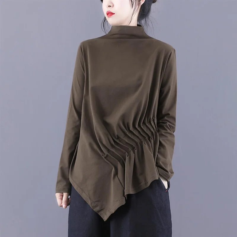 

Street Casual Pleated T Shirt Tops Spring Autumn Long Sleeve Solid Asymmetrical Bottoming Shirt Fashion Vintage Women Clothing