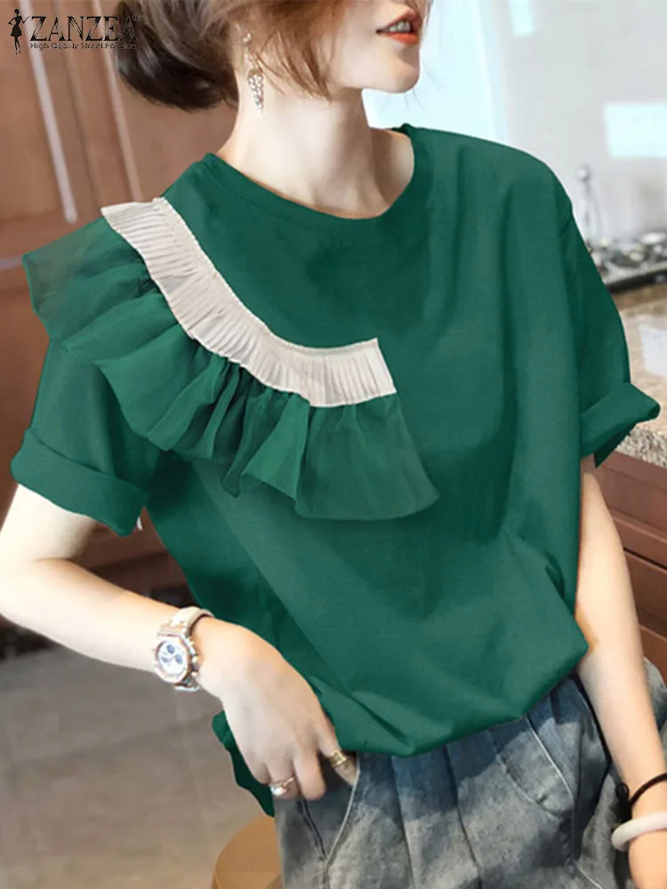 ZANZEA Chic Fashion Ruffled Stitching Tops Shirt Elegant Women Blouse 2024 Summe Luxury Party Short Sleeve Tunic Office Blusas