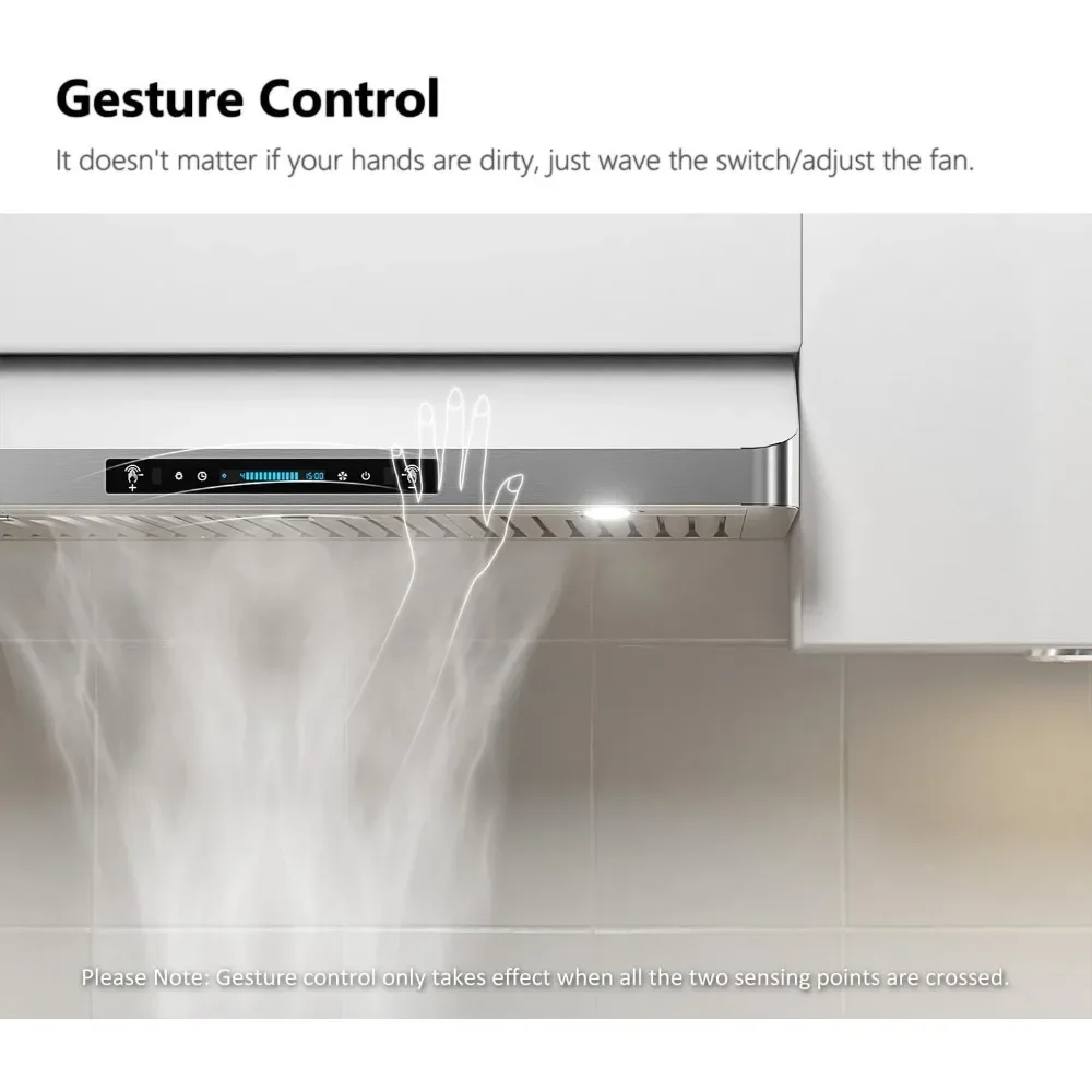 شفاط تحت الخزانة مع 900-CFM، 4 لوحة استشعار للإيماءات واللمس، فتحة مطبخ من الفولاذ المقاوم للصدأ مع