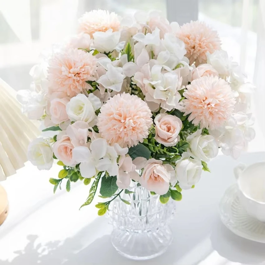 

Silk Rose Chrysanthemum Bridal Bouquet Artificial Flowers Wedding Arch Garden Home Room Table Decorati Wreath DIY Gift Accessory