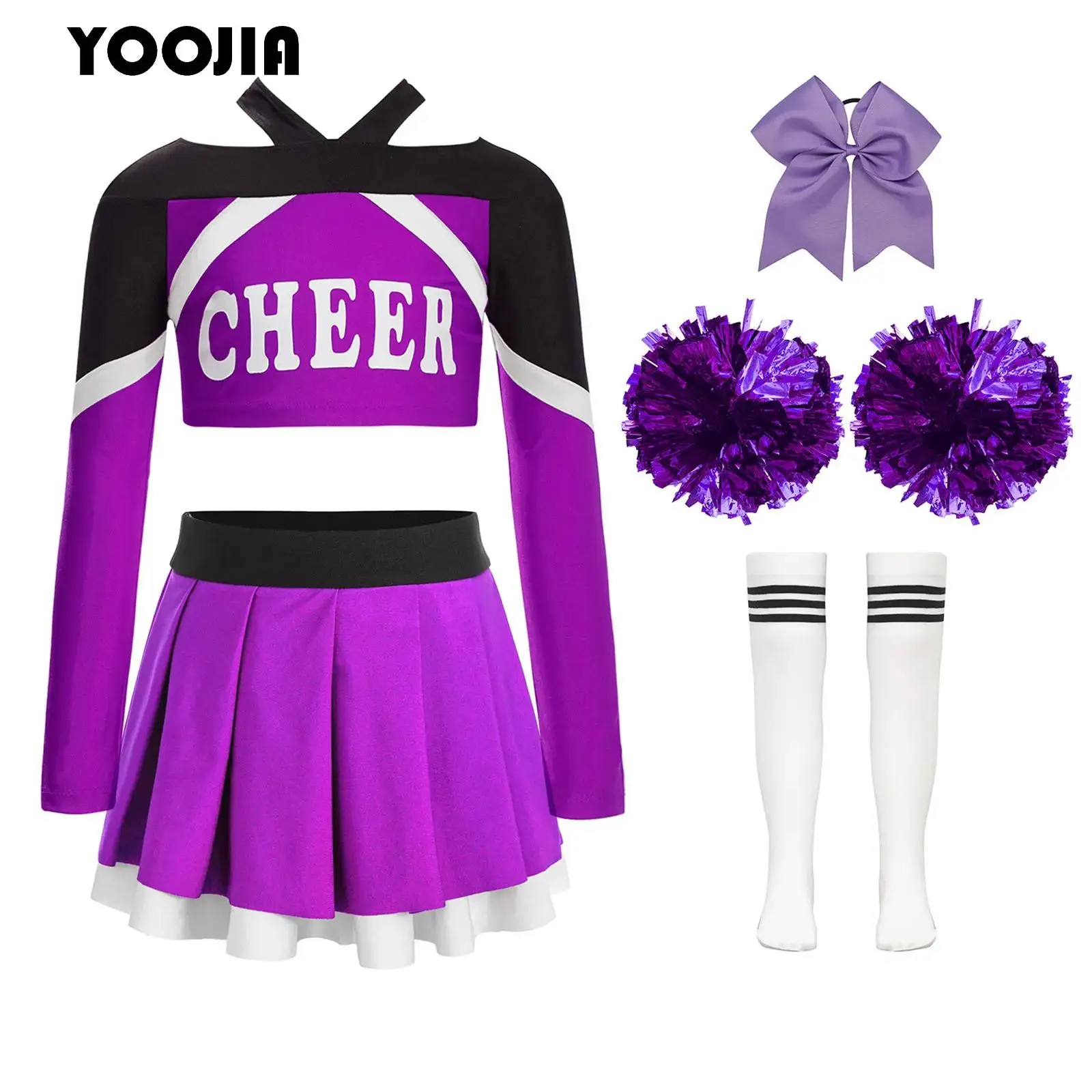 

Kids Girls Cheerleading Uniforms School Cheer Dance Outfit Long Sleeve Crop Top with Pleated Skirt 4Pcs Cheerleader Costume