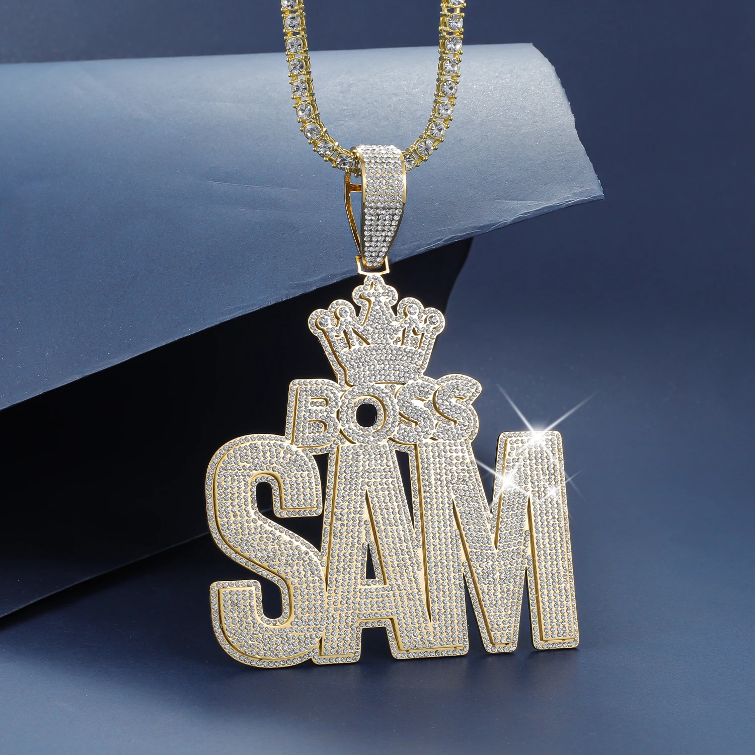 Custom  Iced Out Necklace With Tennis Chain Shiny Name Hip Hop Jewelry  Ice Crystal Name Necklace Holiday Gift For Him