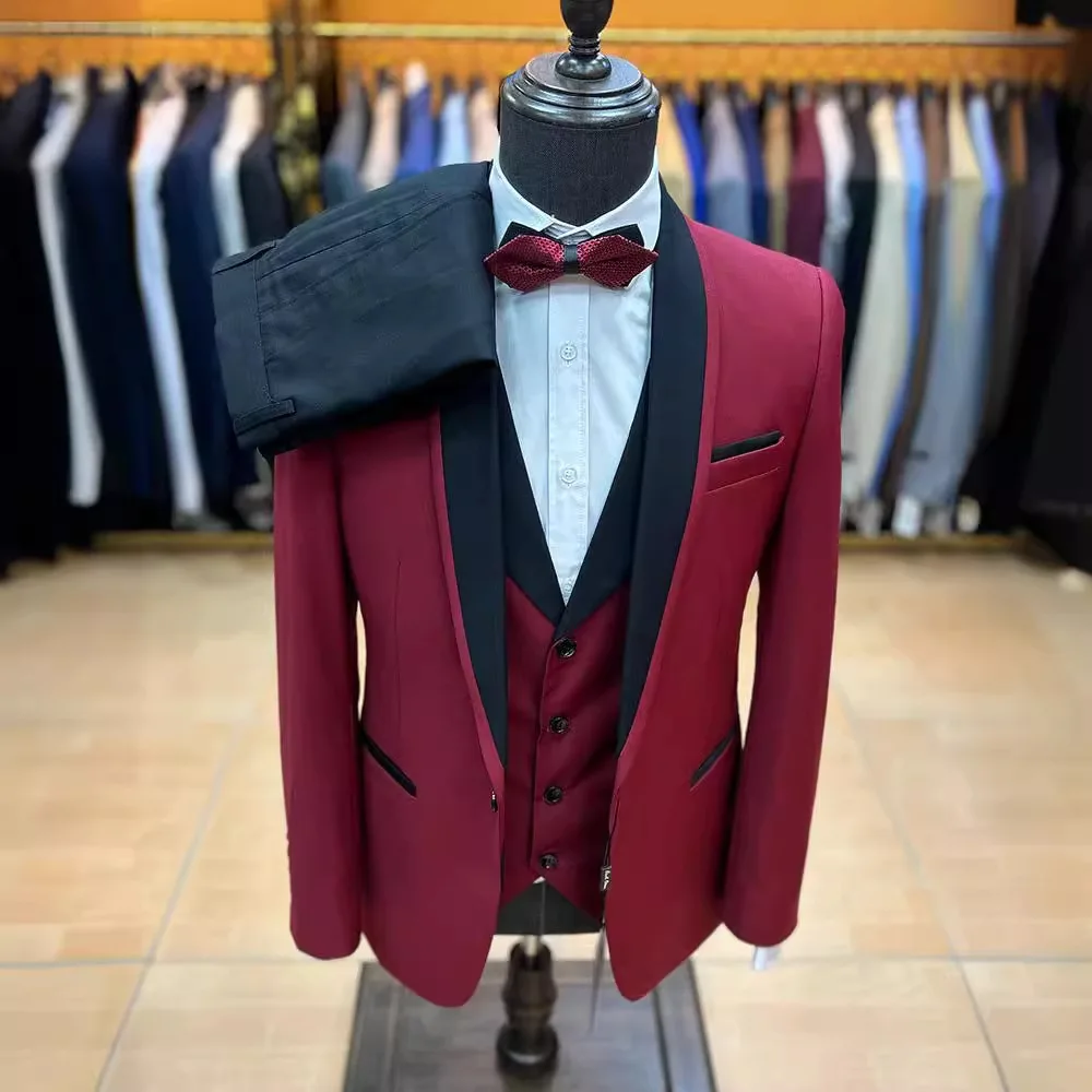 

KIDWHXR Men 3-piece Suits Fashion Contrast Color Single-breasted Pocket Male Outfit Slim Long Sleeve Business Man Suit Set