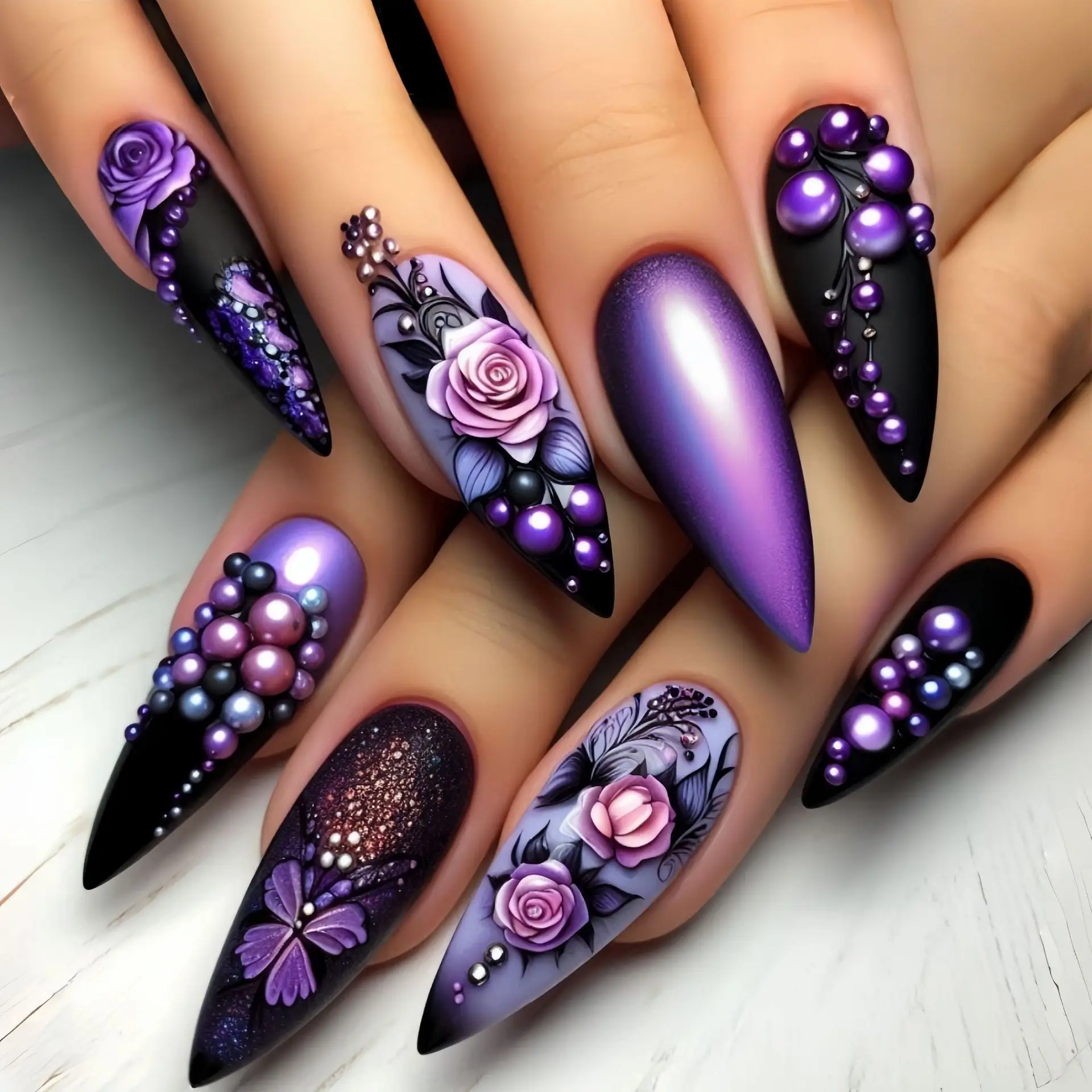 เล็บปลอมแบบกดติดทรงอัลมอนด์ขนาดกลาง สีดำ ทอง ม่วง เขียว ลายผีเสื้อ ดอกไม้ สำหรับฤดูใบไม้ร่วงและฤดูหนาว