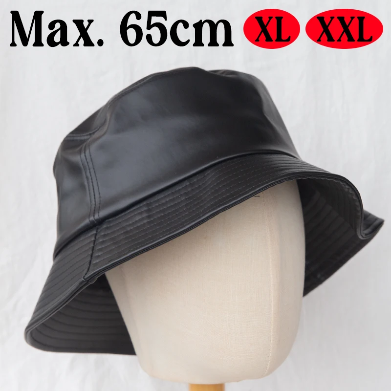 XXL Head  Autumn Winter Bucket Hat Men's Black Faux Leather Panama Hat Large Size 61-65cm Fisherman Hat Deep Brim Pu Leather Cap