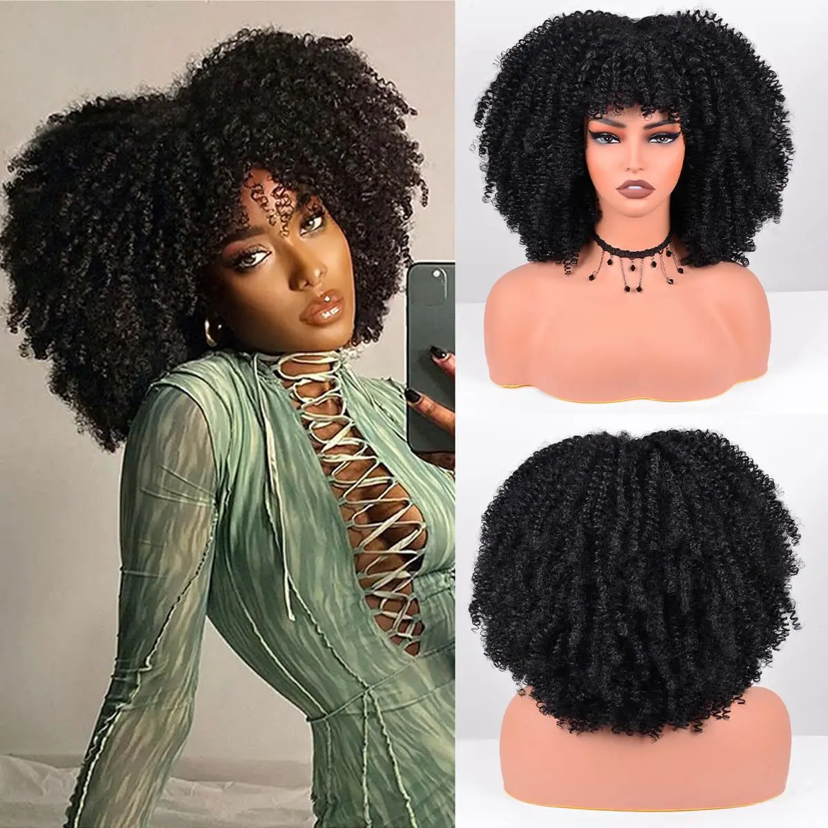 Synthetic Wigs: European and American Women's Short Curly Hair, Black Twisted Short Hair, Lace African Curl Synthetic Wig Cap