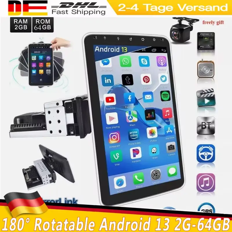 

Universal 1DIN 180° Rotatable 10.1'' Multimedia CarPlayer Android 13 2G-64G Wireless Carplay Touch Screen Auto Stereo Radio GPS